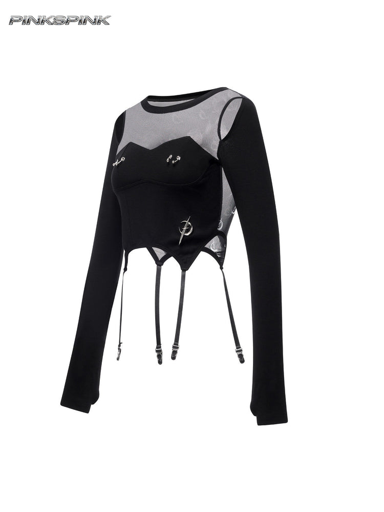 PINKSPINK ELECTRIC MOON reconstructed mesh tee — front garment view showing shoulder cutouts and hanging straps
