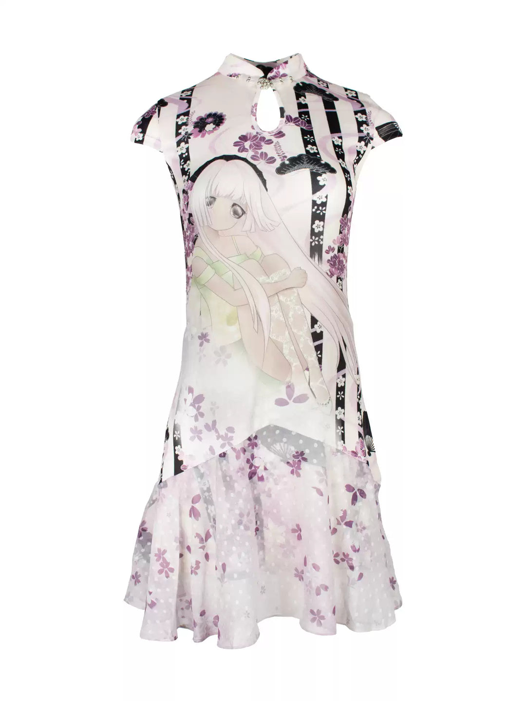 4RE1GN PURPLE MOOD mandarin-collar dress in multicolor — front garment-only view showing the mandarin collar and printed chiffon hem