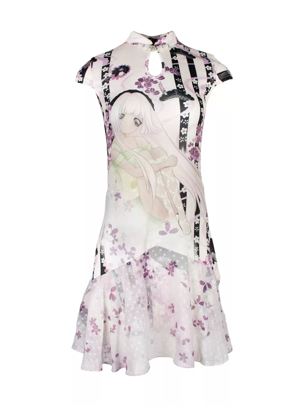 4RE1GN PURPLE MOOD mandarin-collar dress in multicolor — front garment-only view showing the mandarin collar and printed chiffon hem
