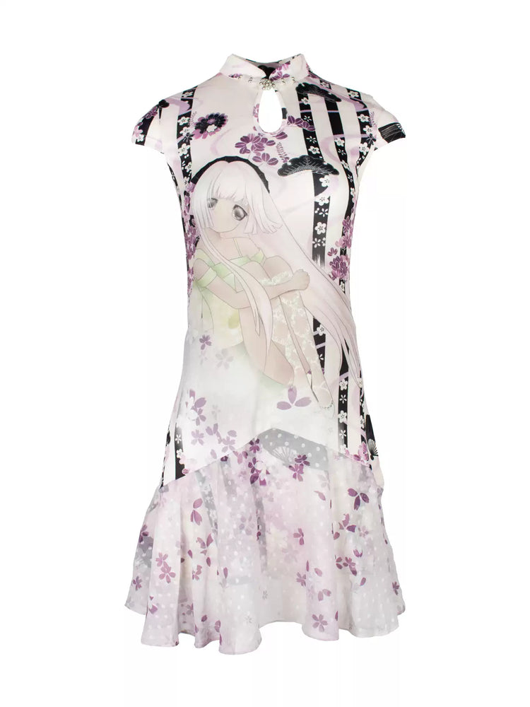 4RE1GN PURPLE MOOD mandarin-collar dress in multicolor — front garment-only view showing the mandarin collar and printed chiffon hem