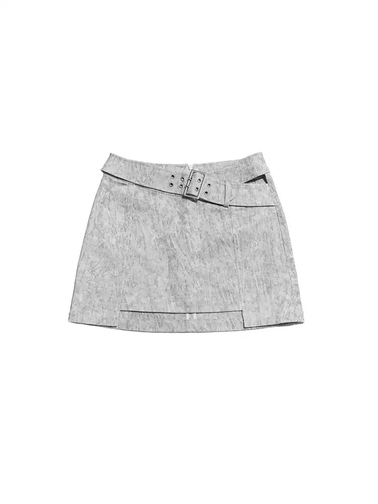 NEXT PASSPORT greige cross-waist belted mini skirt — solo product view on white.