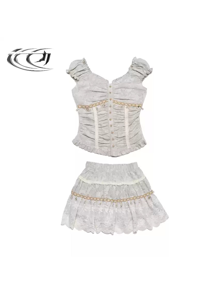 4RE1GN SHELL jacquard blouse and lace skirt separates in ivory — front garment-only view of both separately sold pieces