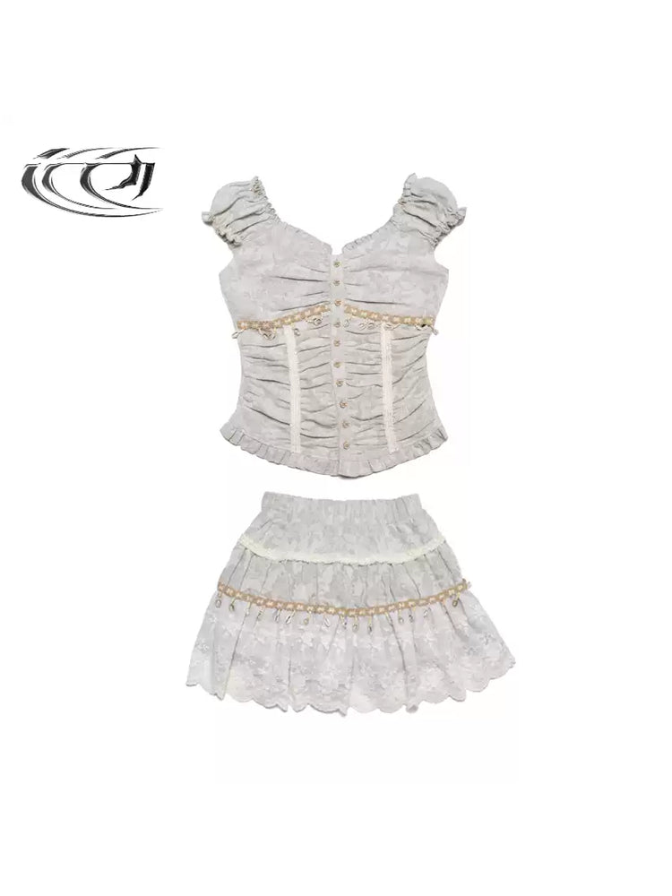 4RE1GN SHELL jacquard blouse and lace skirt separates in ivory — front garment-only view of both separately sold pieces