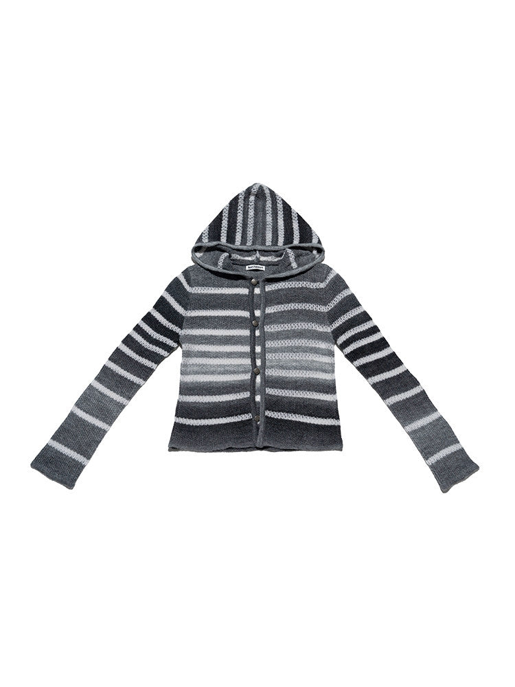 Solo front view of the NEXT PASSPORT gray-white gradient hooded knit cardigan