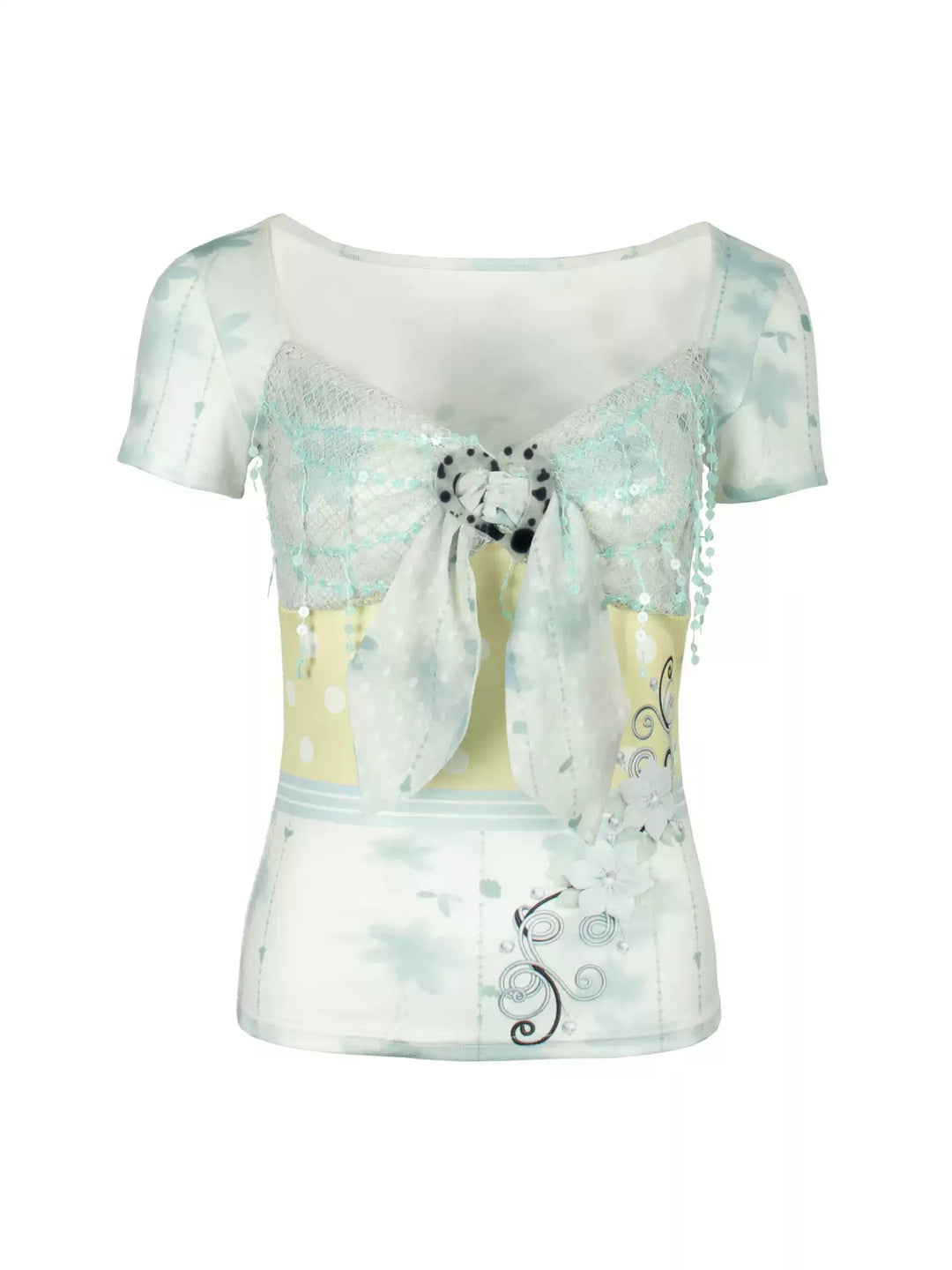 4RE1GN BLUE BLOOM patchwork short-sleeve tee in blue multicolor — front garment-only view showing the heart buckle, chiffon ties and sequin panels