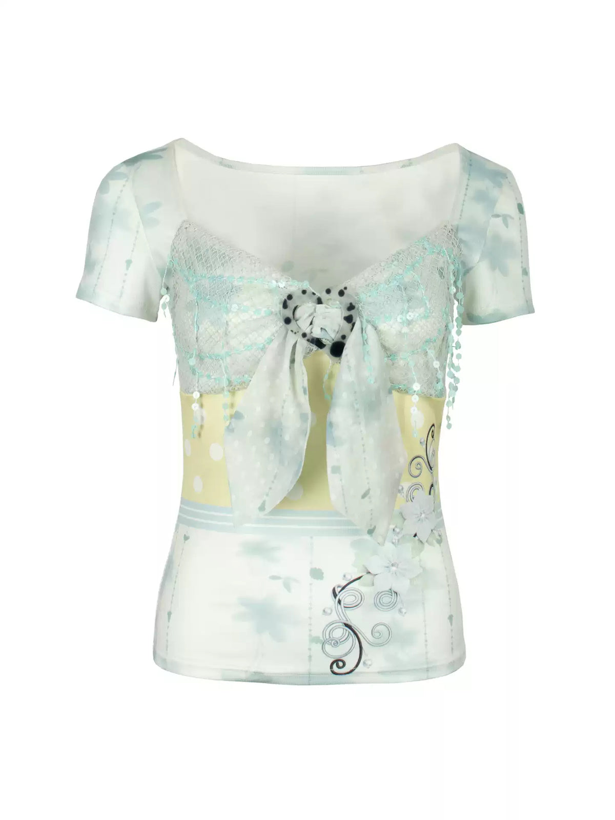 4RE1GN BLUE BLOOM patchwork short-sleeve tee in blue multicolor — front garment-only view showing the heart buckle, chiffon ties and sequin panels