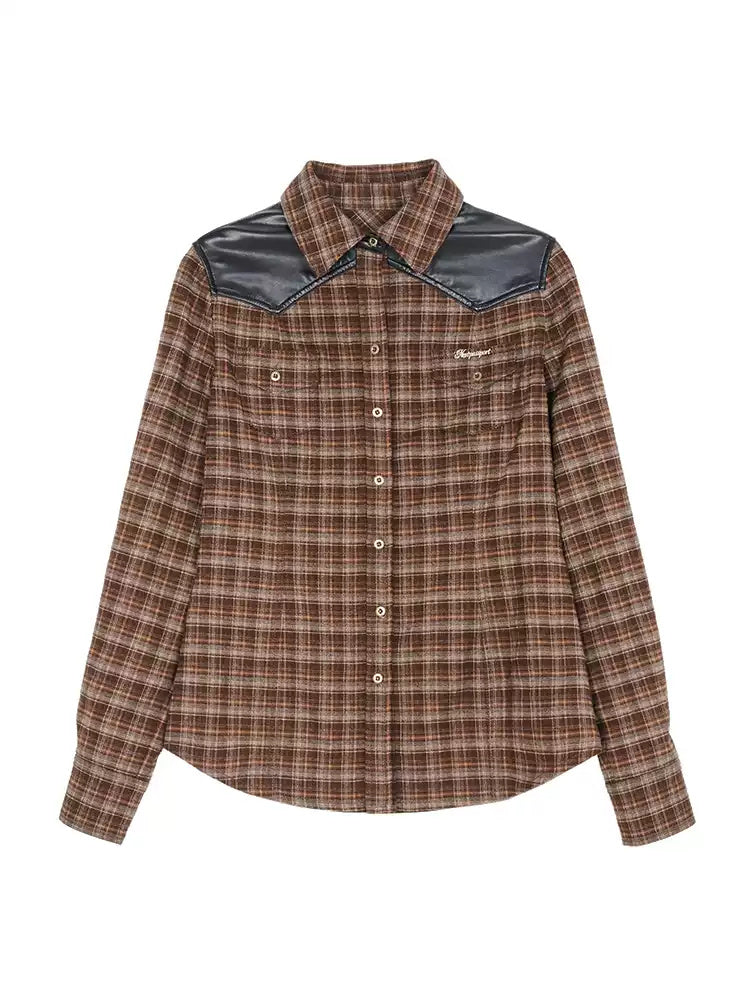 NEXT PASSPORT brown faux-leather plaid shirt — garment-only front view