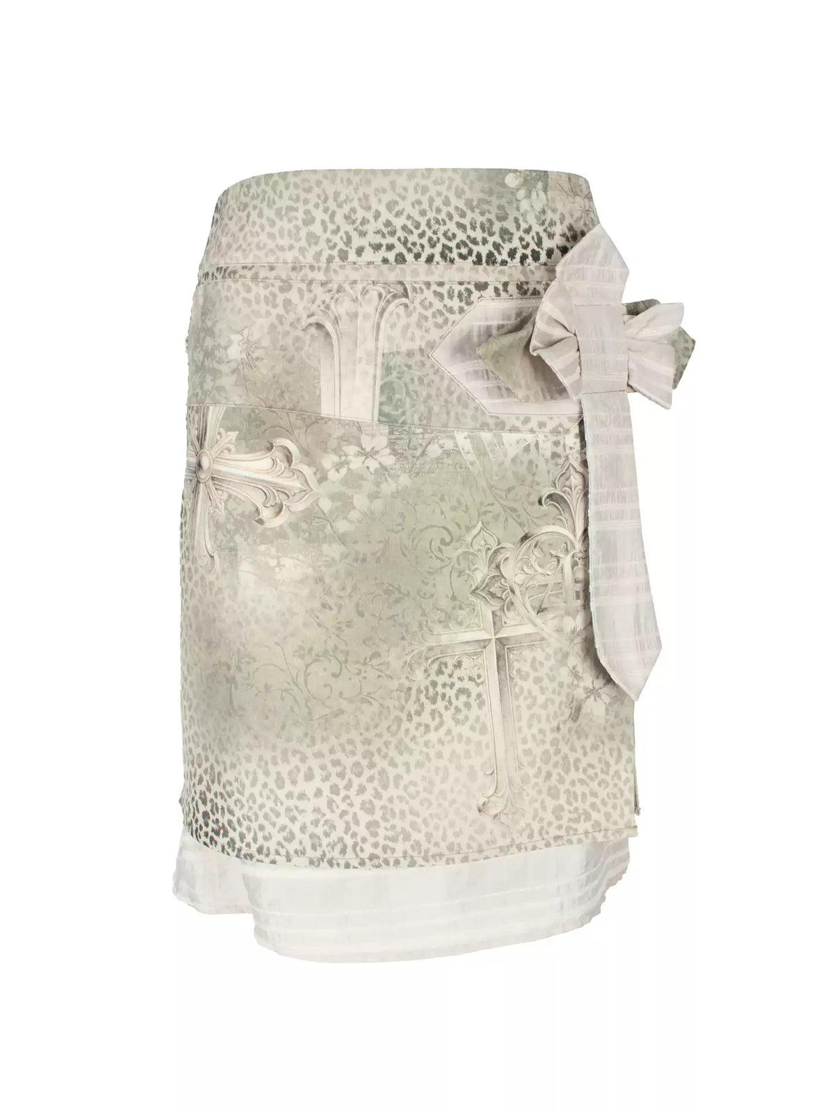 4RE1GN CROSS LEOPARD bow-detail layered skirt in beige multicolor — front garment-only view showing the bow and cross print