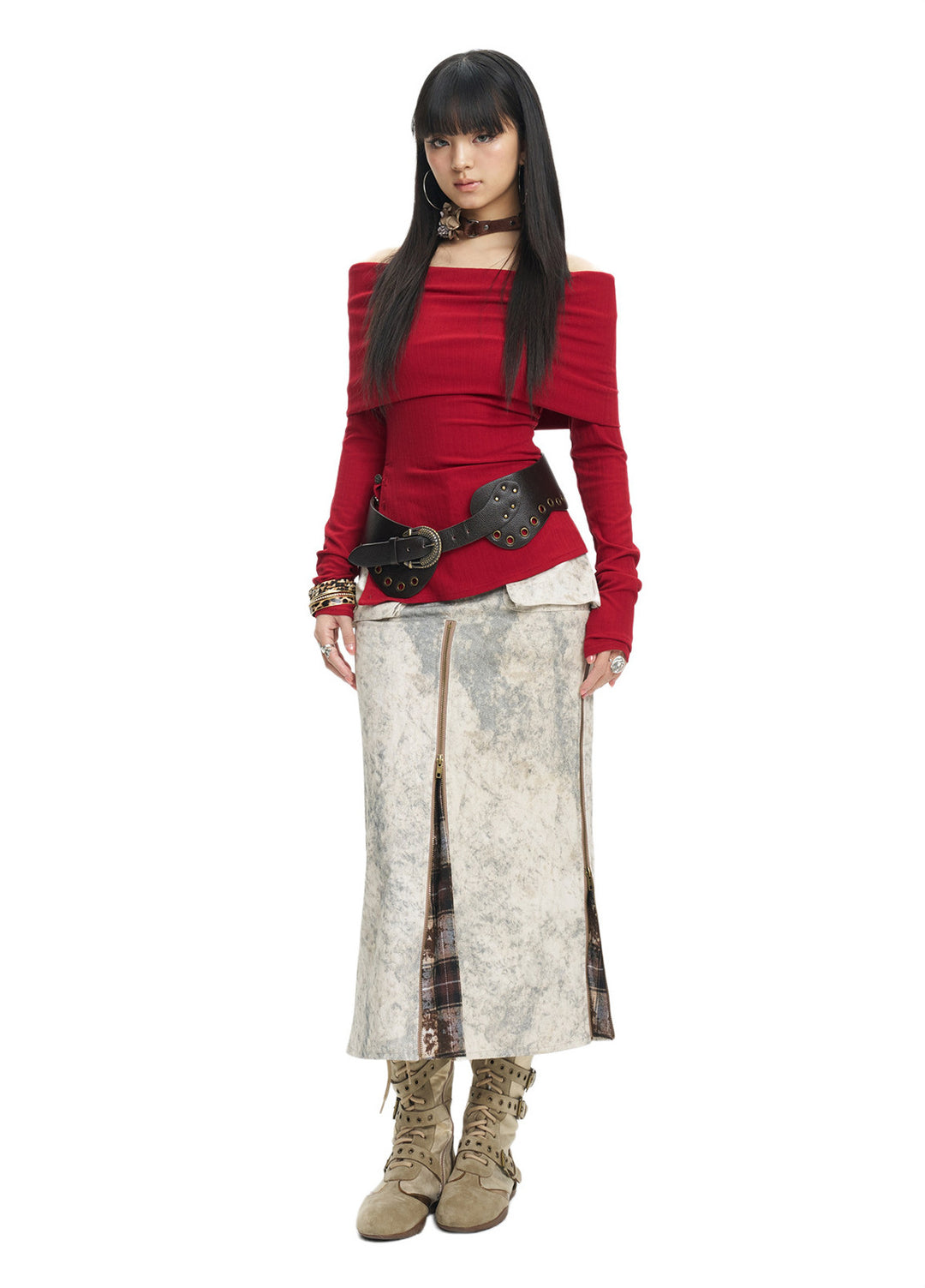 Full-length red-top studio view of the khaki zip midi skirt