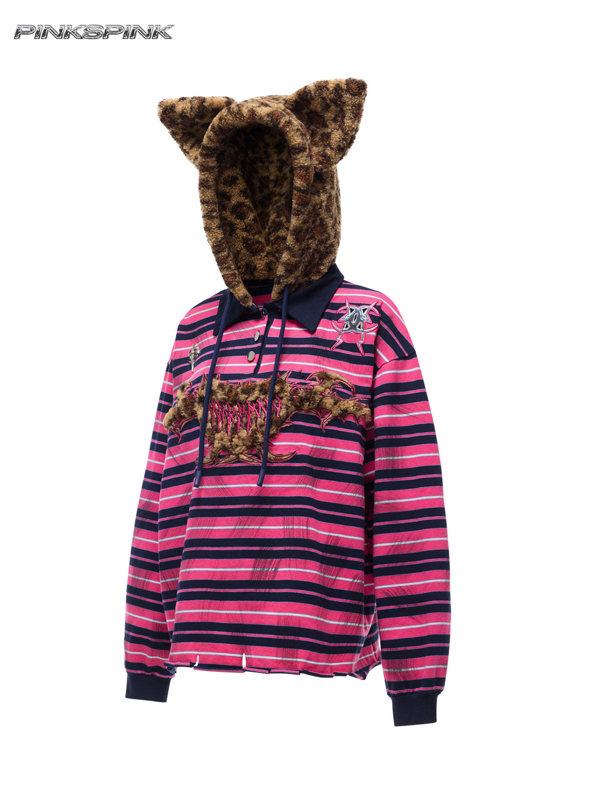 PINKSPINK CAT ALIEN leopard-ear striped hoodie — front garment view showing the ear hood and chest applique