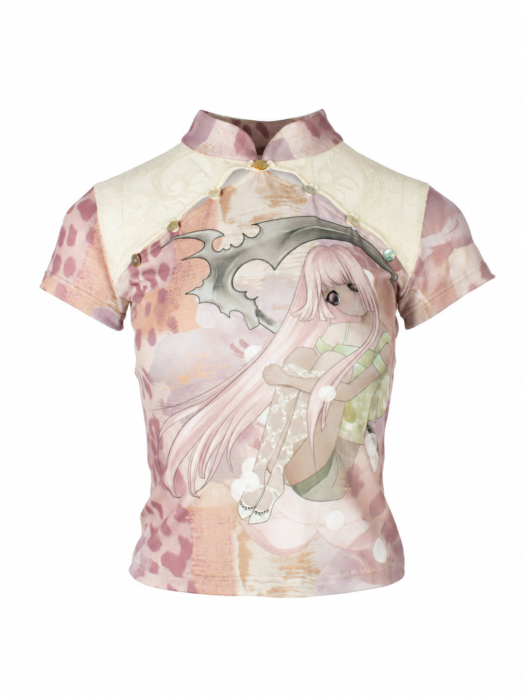 4RE1GN PINK REAPER lace-panel mandarin tee in pink multicolor — front garment-only view showing the lace yoke and pink reaper print