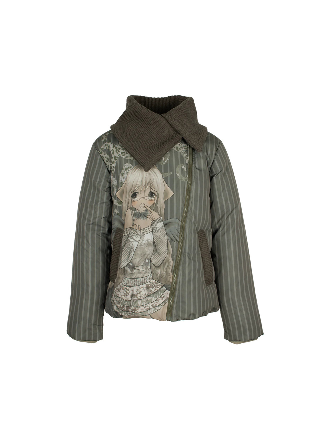 4RE1GN COMIC STRIPE asymmetric-collar down jacket in olive green — front garment-only view showing the asymmetric zip and knit collar