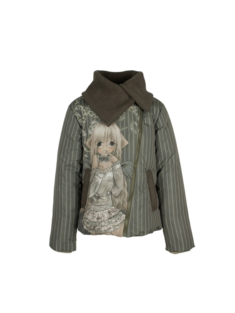 4RE1GN COMIC STRIPE asymmetric-collar down jacket in olive green — front garment-only view showing the asymmetric zip and knit collar