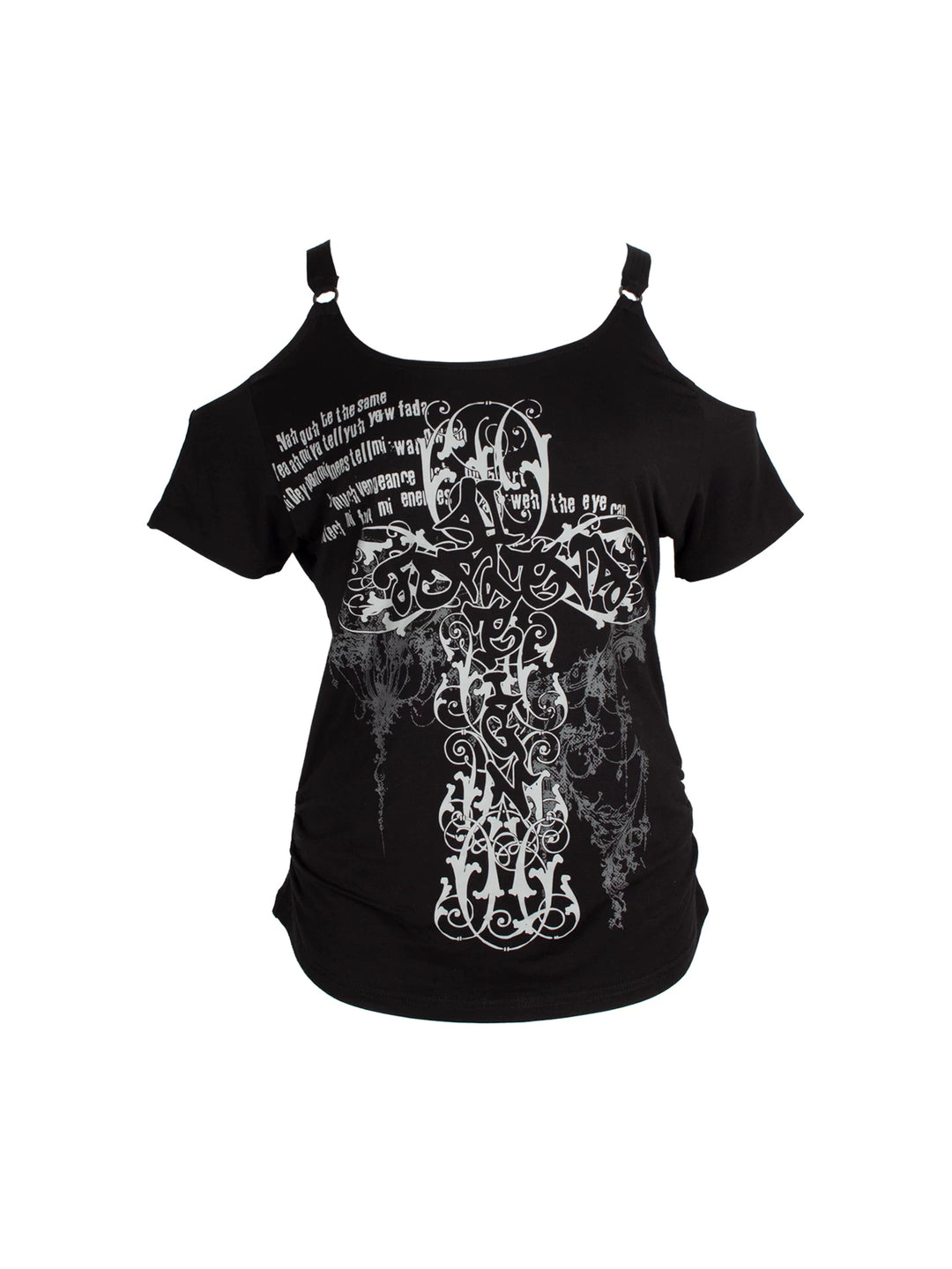 4RE1GN CROSS SCRIPT cold-shoulder tee in black — front garment-only view showing the ring straps and cross print
