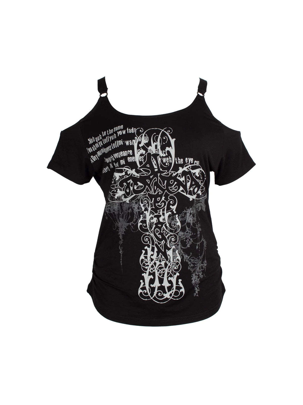 4RE1GN CROSS SCRIPT cold-shoulder tee in black — front garment-only view showing the ring straps and cross print
