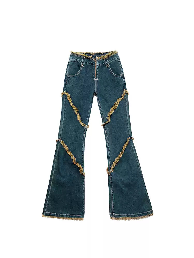 NEXT PASSPORT deep-blue frayed-hem slim flare jeans in denim blue — garment-only front view on white.