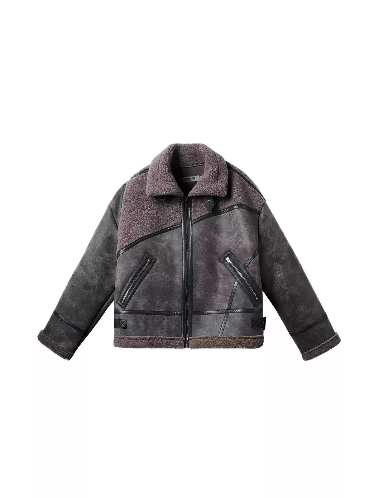 ERRORCODE ROBOT gray-purple paneled faux-shearling jacket, front garment-only view
