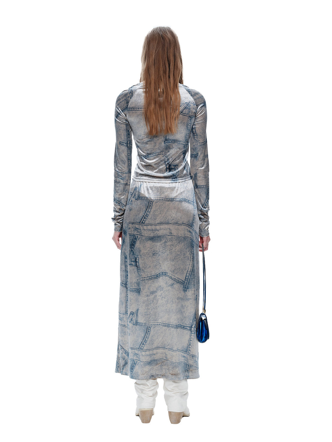 NEXT PASSPORT faux-denim velvet top and midi skirt rear look