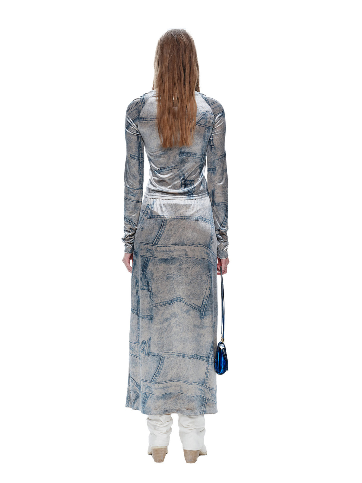 NEXT PASSPORT faux-denim velvet top and midi skirt rear look