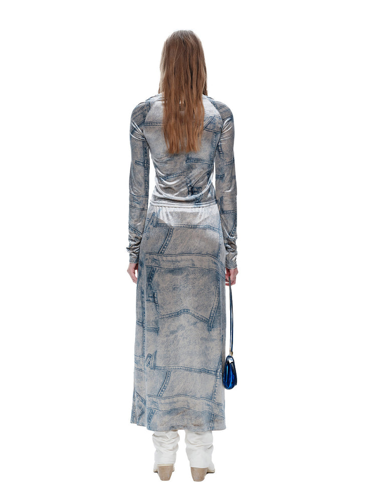 NEXT PASSPORT faux-denim velvet top and midi skirt rear look