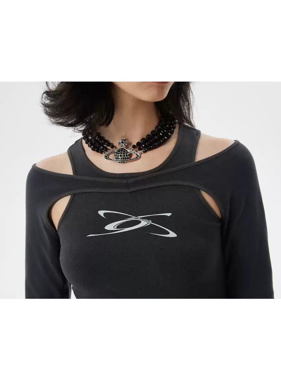 ERRORCODE ROBOT dark gray off-shoulder long-sleeve tee, close-up of layered neckline, shoulder cutouts, and chest logo