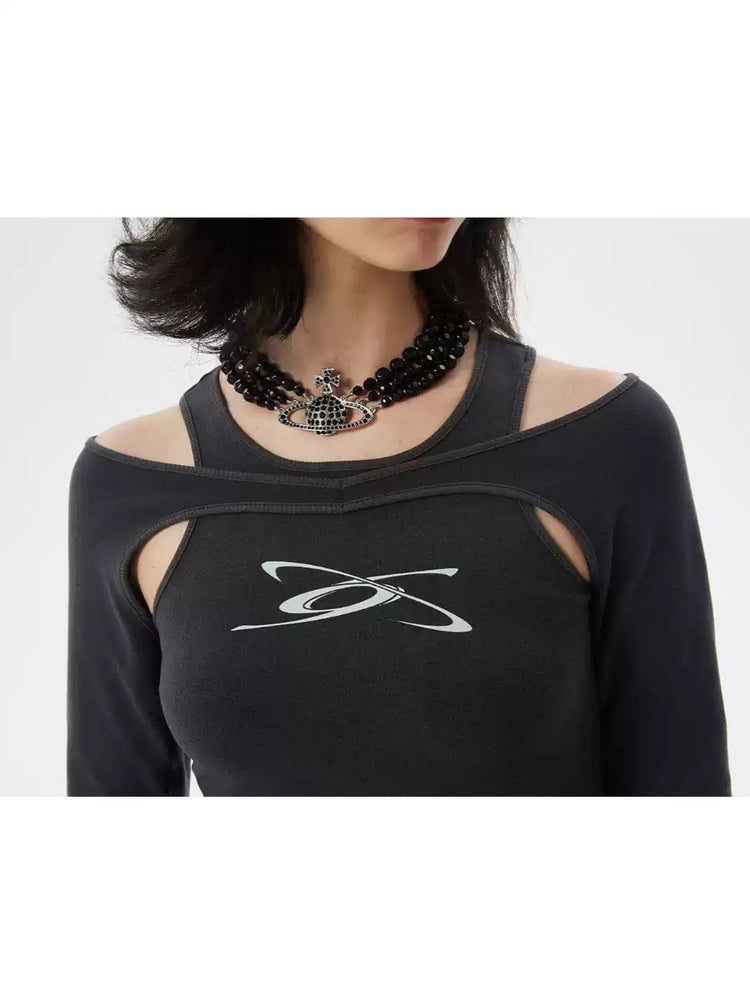 ERRORCODE ROBOT dark gray off-shoulder long-sleeve tee, close-up of layered neckline, shoulder cutouts, and chest logo