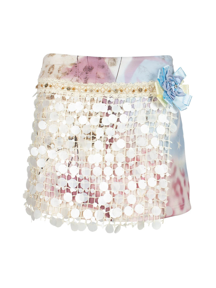 4RE1GN DREAM GARDEN sequin-panel mini skirt in pink multicolor — front garment-only view showing the pastel print and sequin overlay