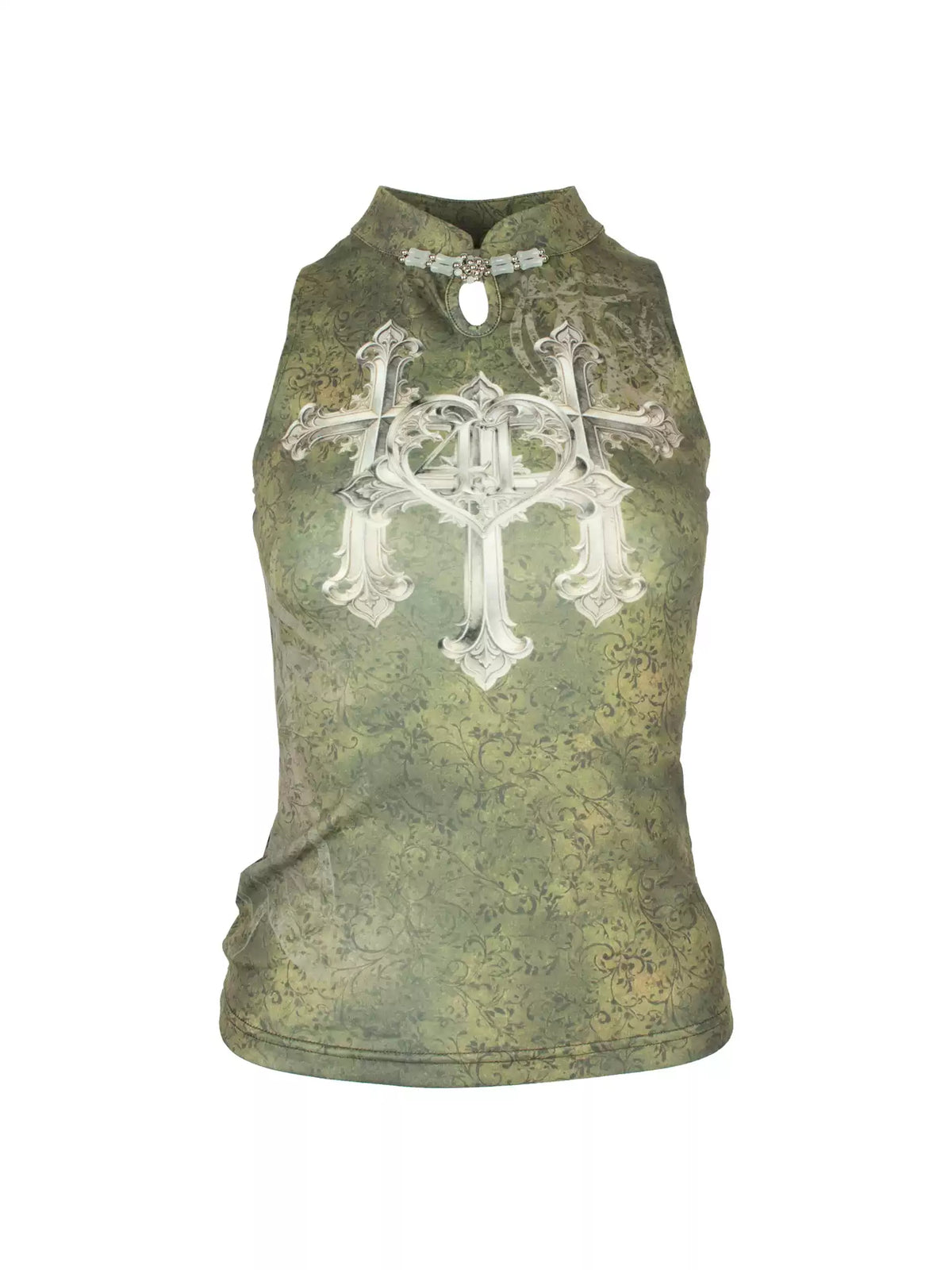 4RE1GN TRIPLE CROSS mandarin sleeveless top in olive green — front garment-only view showing the keyhole and crest print
