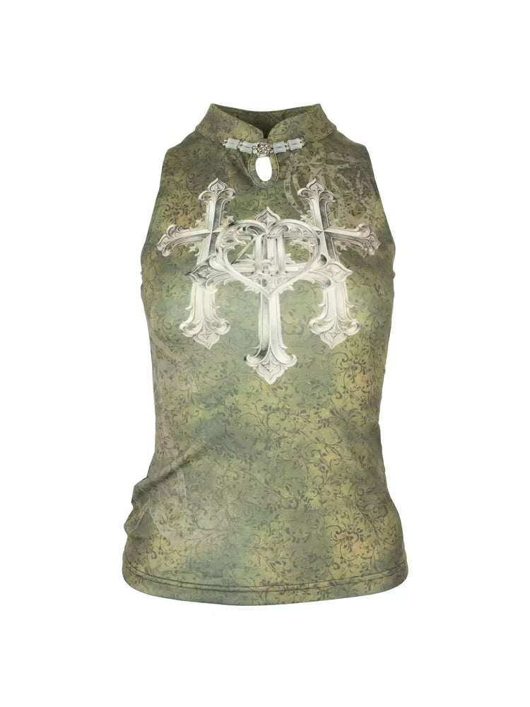 4RE1GN TRIPLE CROSS mandarin sleeveless top in olive green — front garment-only view showing the keyhole and crest print