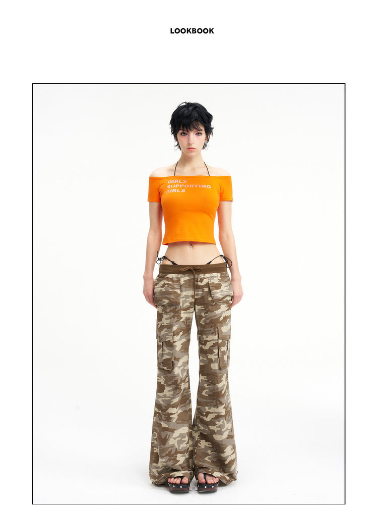 NEXT PASSPORT camouflage ribbed-waist flared pants — centered lookbook view showing the full silhouette.