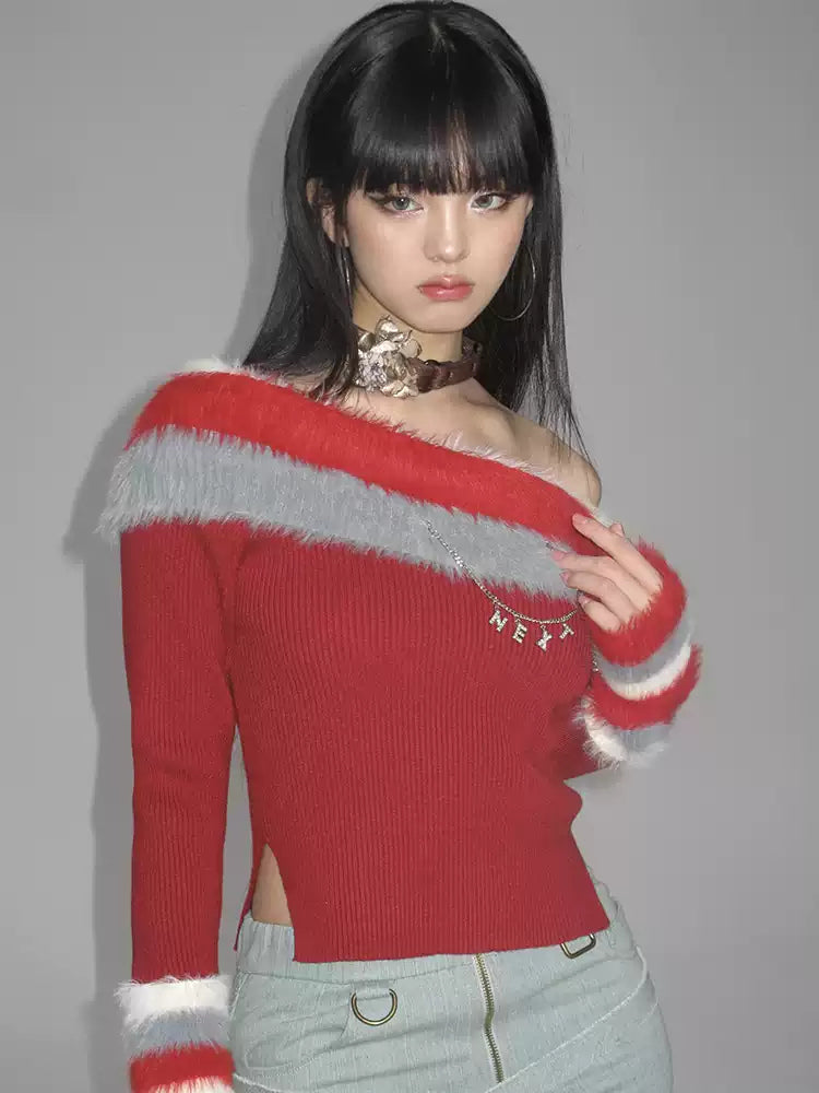 Next Passport red faux-fur collar knit pullover side styling view