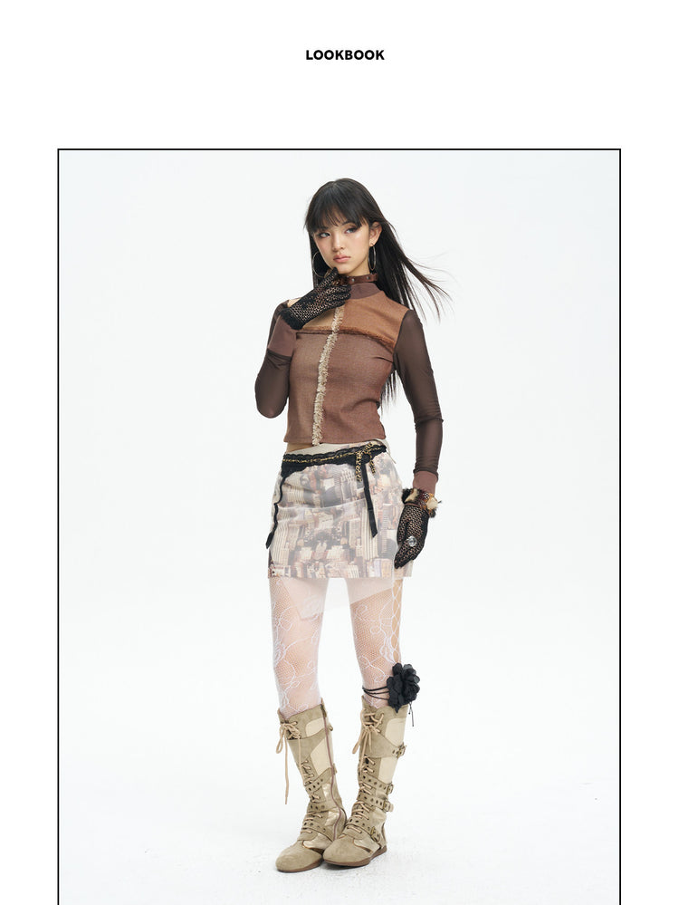 NEXT PASSPORT HAZY CITY mesh double-waist mini skirt — full-length studio look with the fitted A-line silhouette.