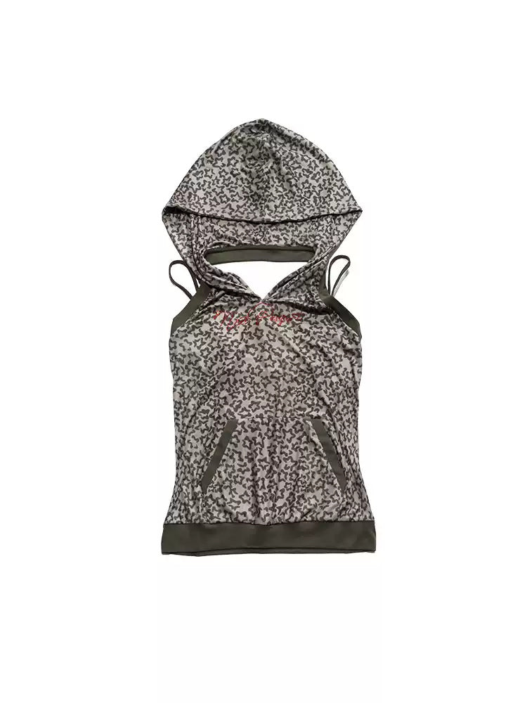 Flat-lay view of the leopard-print hooded vest