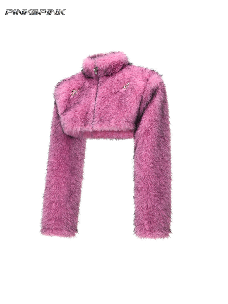PINKSPINK ELECTRIC MOON gradient faux-fur cropped jacket — front garment view showing the high collar, zip and elongated sleeves
