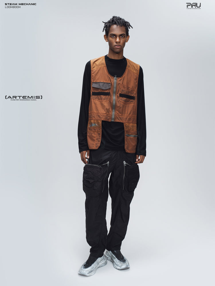 PIONEER sedna-red multi-pocket vest, full-length front styling view