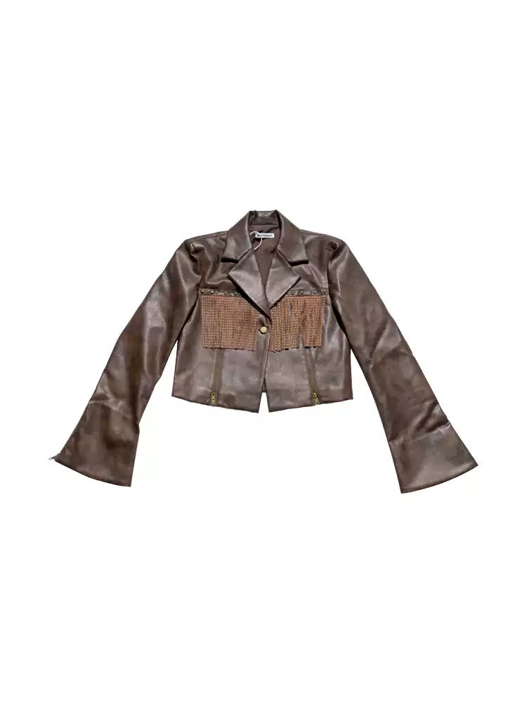 NEXT PASSPORT brown fringe-trim cropped blazer flat lay