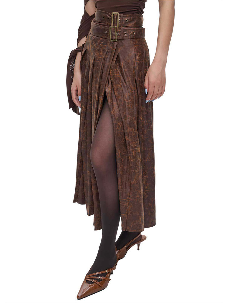 Brown asymmetric pleated maxi skirt modeled front view