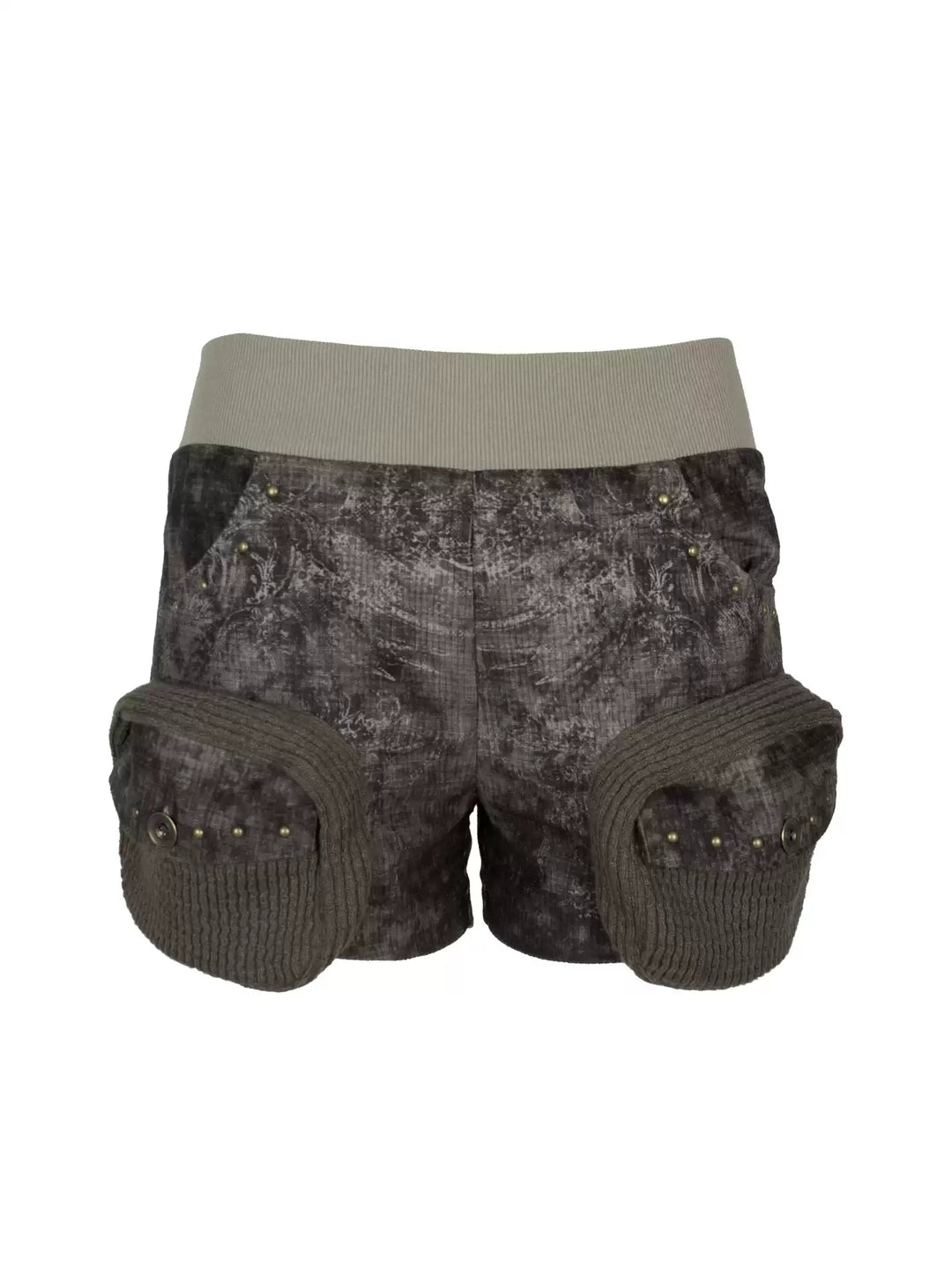 4RE1GN MYSTIC STAR knit-pocket corduroy shorts in gray black — front garment-only view showing knit pockets and studs