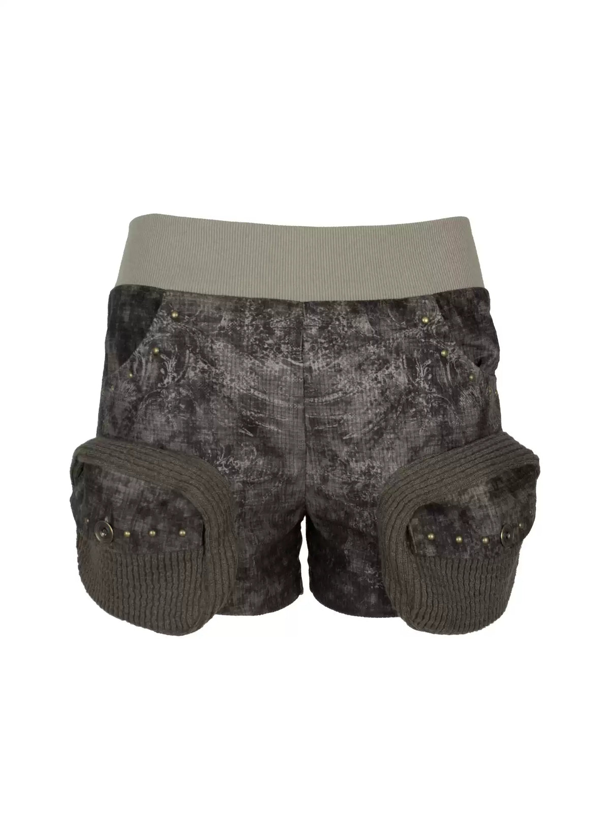 4RE1GN MYSTIC STAR knit-pocket corduroy shorts in gray black — front garment-only view showing knit pockets and studs