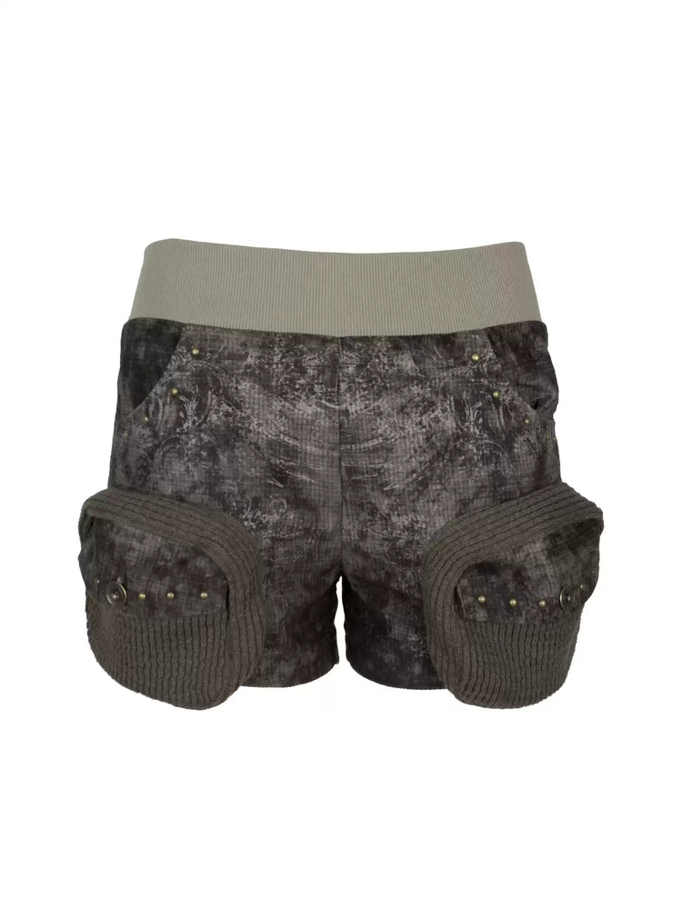 4RE1GN MYSTIC STAR knit-pocket corduroy shorts in gray black — front garment-only view showing knit pockets and studs