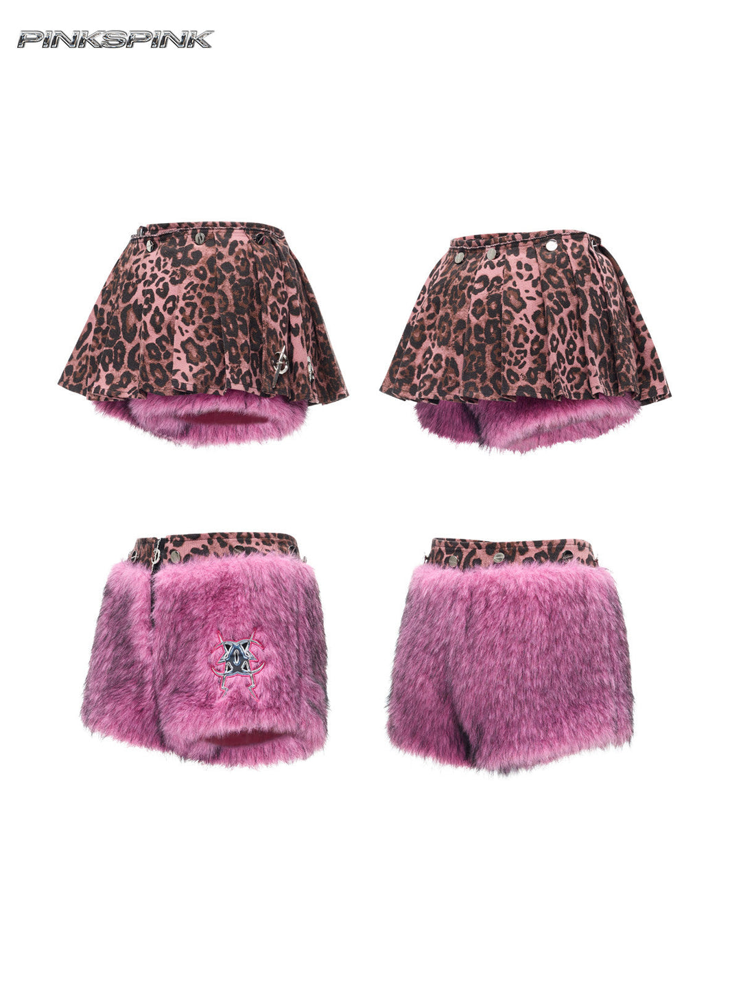 PINKSPINK PINK LEOPARD detachable faux-fur mini skirt — front and back garment views showing both detachable configurations