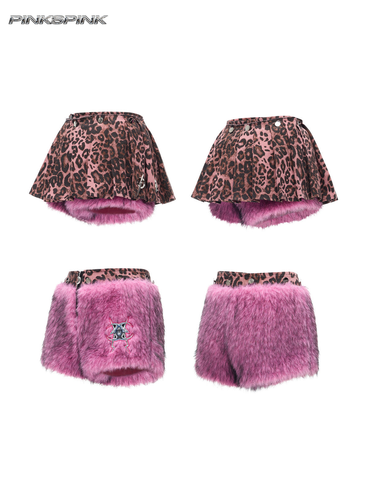 PINKSPINK PINK LEOPARD detachable faux-fur mini skirt — front and back garment views showing both detachable configurations