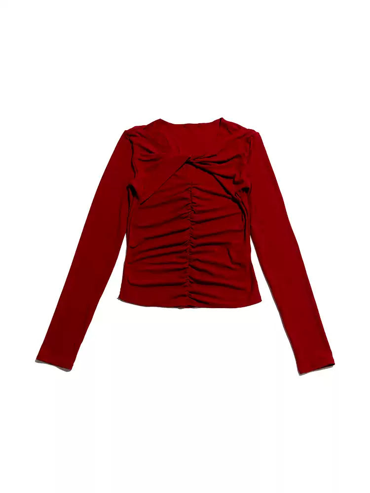 NEXT PASSPORT cross-neck ruched long-sleeve tee in red, garment-only view