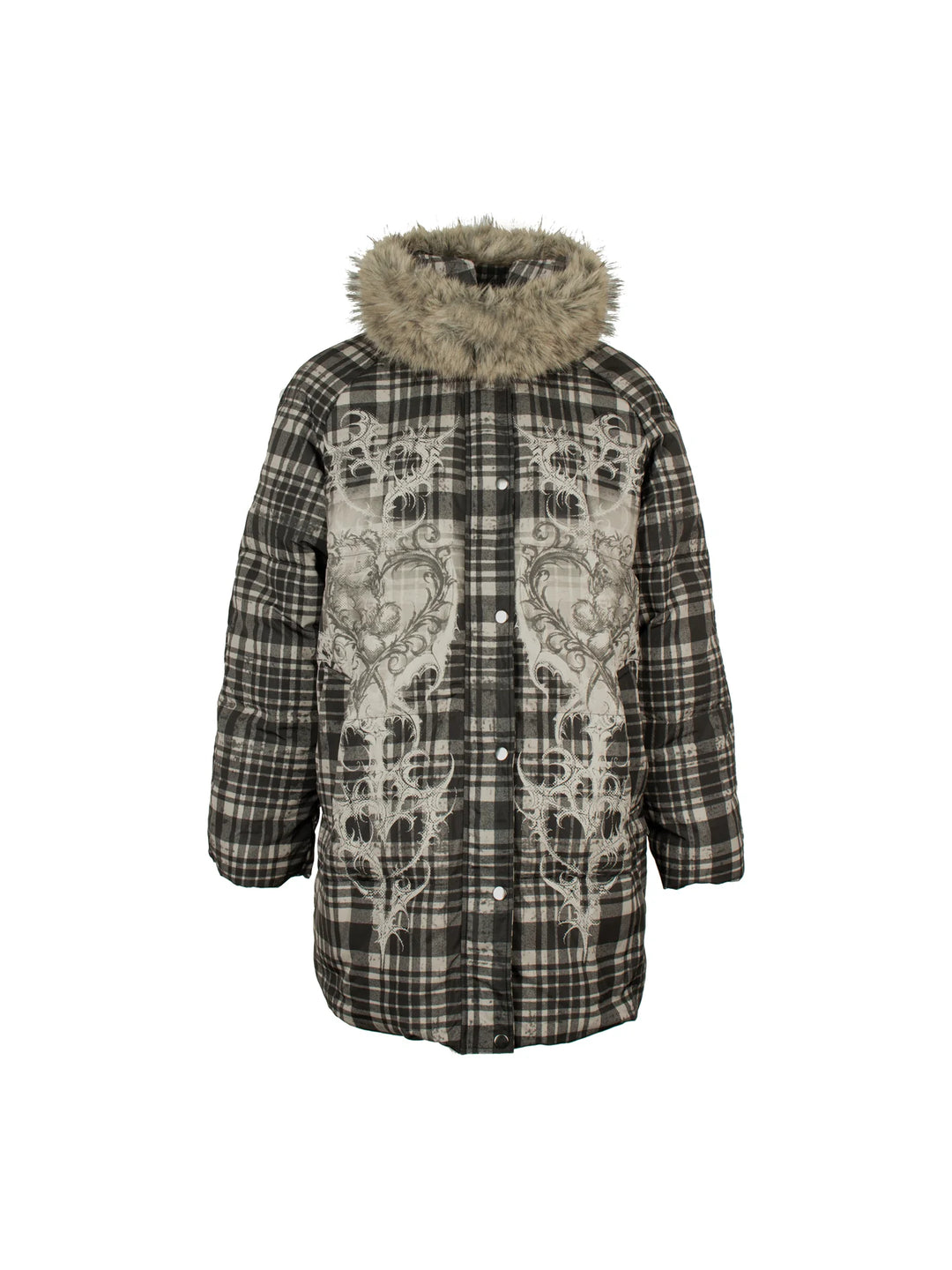 4RE1GN BEARHEART plaid long down coat in brown multicolor — front garment-only view showing the plaid and heart print