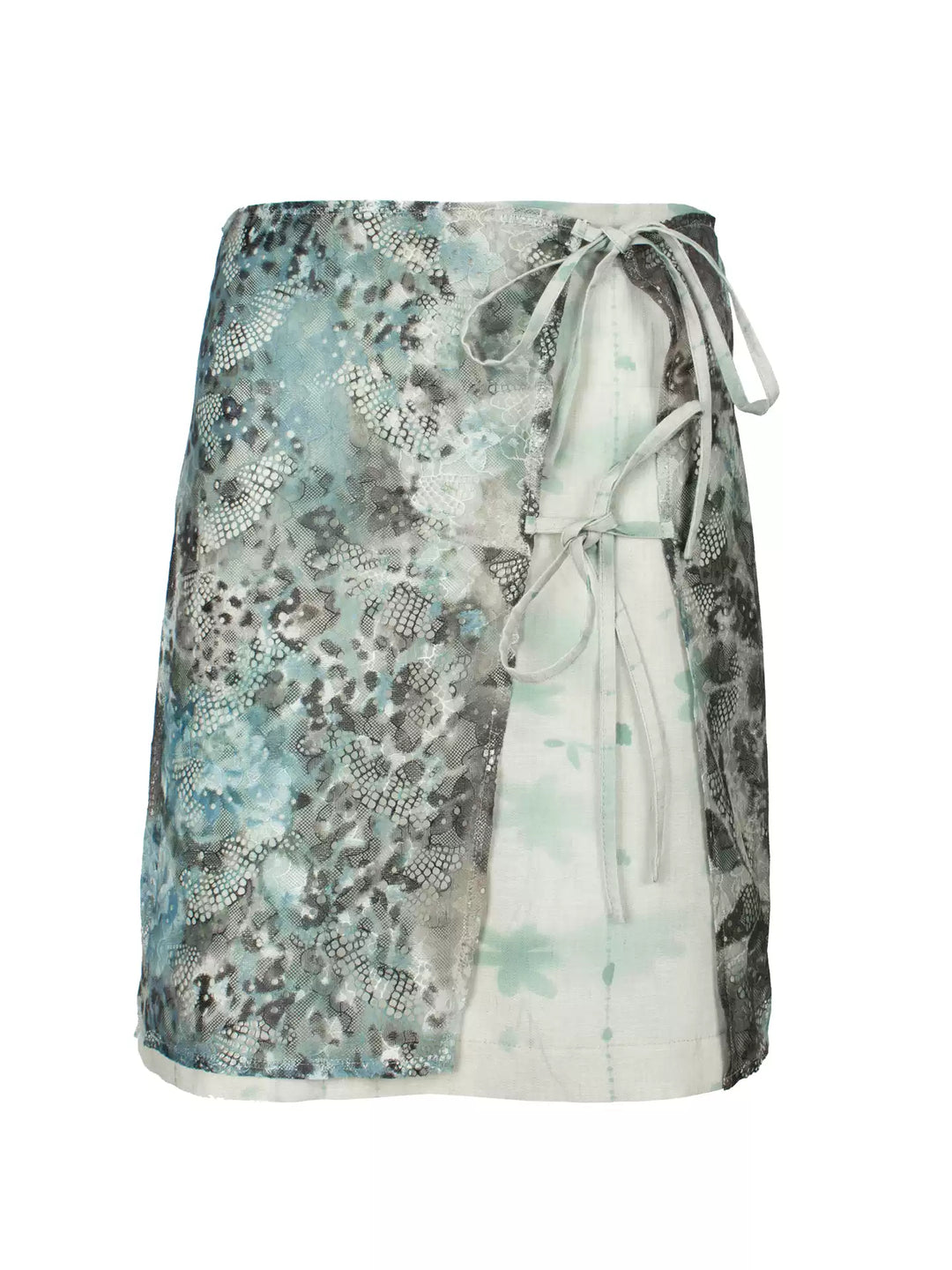 4RE1GN BLUE BLOOM tie-front layered skirt in blue multicolor — front garment-only view showing the lace overlay and two ties