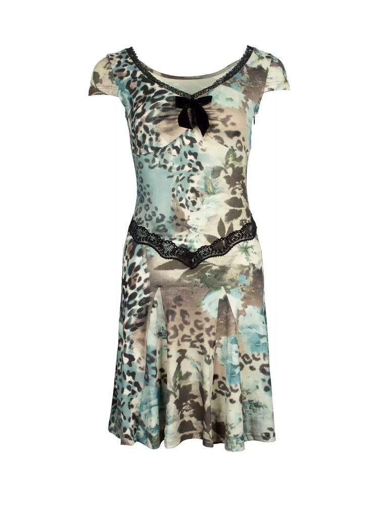 4RE1GN SEA BLUE leopard floral lace dress in gray blue — front garment-only view showing lace neckline and waist trim