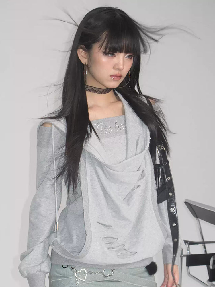 Modeled studio view of the gray distressed layered hoodie