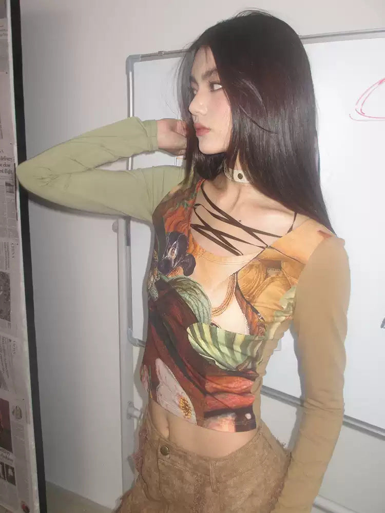 Close-up model view of the Botticelli printed lace-up U-neck crop tee.