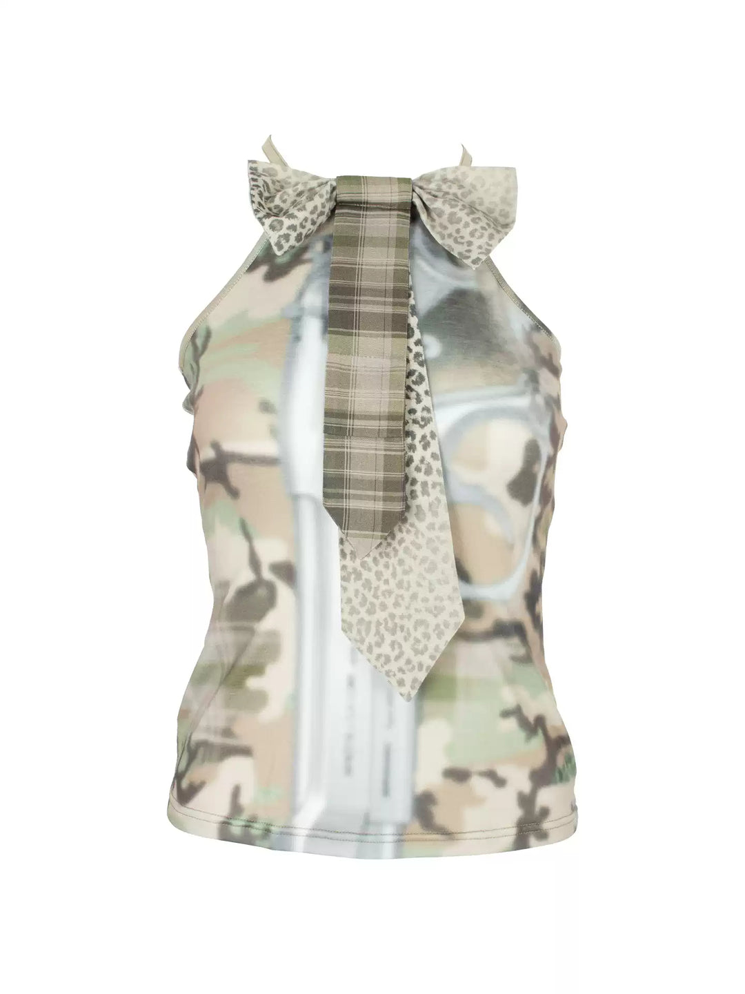 4RE1GN DEAR NINA camouflage tie-neck halter top in camo green — front garment-only view showing the tie neck and fitted cut