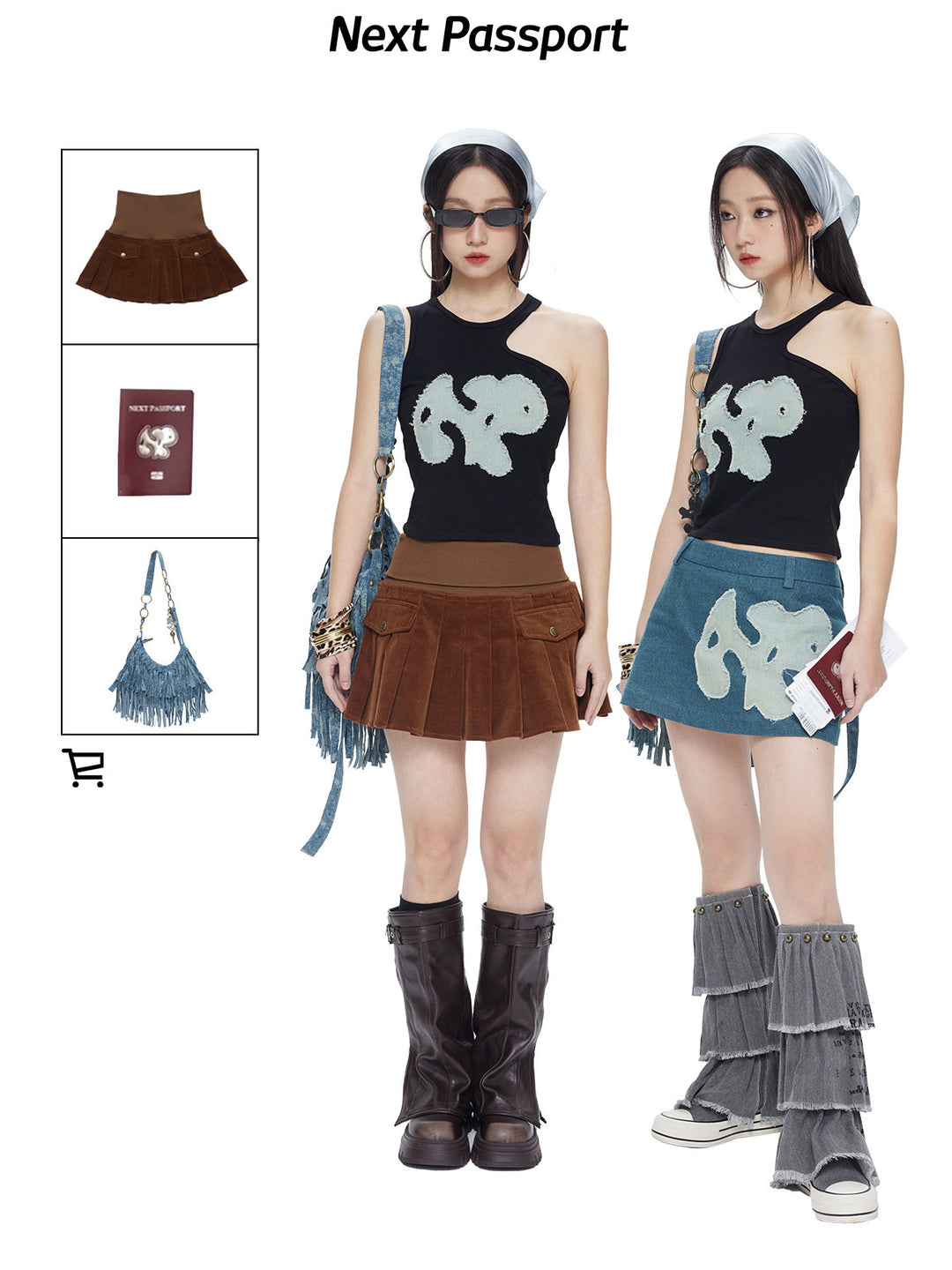 NEXT PASSPORT black-blue asymmetric appliqué cutout tank top — lookbook styling.
